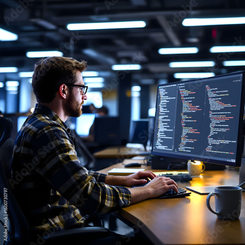 A Developer coding on a monitor, with the screen displaying complex software. Represents technology, programming, and innovation. Perfect for web development, cybersecurity, and IT concepts.	