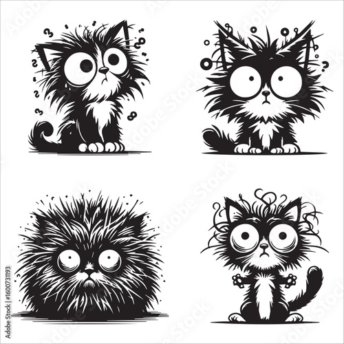 Set of Black and White Shaggy Cartoon Cats