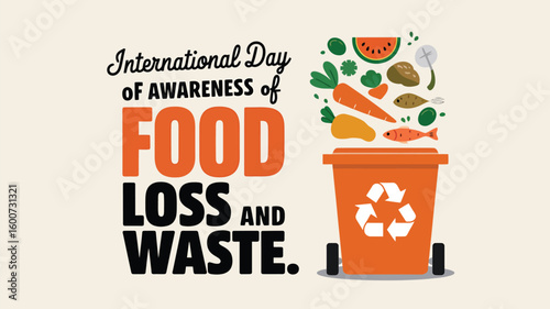 International Day of Awareness of Food Loss and Waste Poster with Leftover Food, Trash Bin and Save Food Icons
