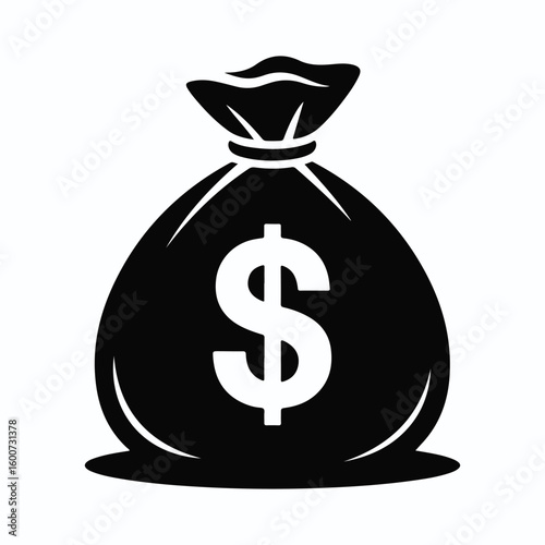 Black money bag with white dollar sign symbol currency