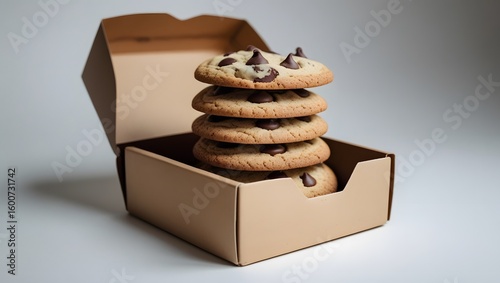 Delicious chocolate chip cookies stacked on a white background