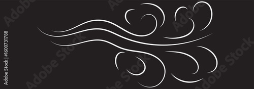 Wind linear sketch set, wind blow line icon. Isolated vector illustration. Wind motion, air blow, swirl elements. Air blow motion, smoke flow art, windy weather symbol, abstract curved line in eps 10.