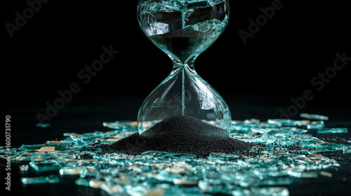 Hourglass on broken glass, time runs out, dark background