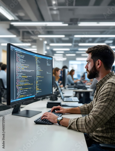 A Developer coding on a monitor, with the screen displaying complex software. Represents technology, programming, and innovation. Perfect for web development, cybersecurity, and IT concepts.	