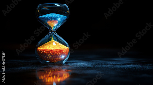 Hourglass with fire and ice sand flowing on dark background