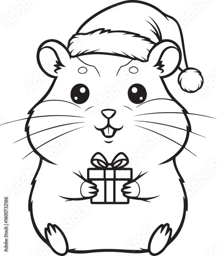 Cute hamster wearing santa hat holding christmas gift rodent