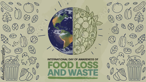 International Day of Awareness of Food Loss and Waste Poster with Leftover Food, Trash Bin and Save Food Icons
