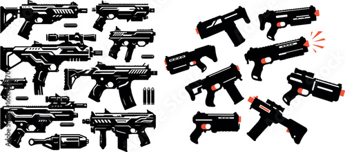 Collection of futuristic sci fi weapons including assault rifles submachine guns and pistols with glowing red energy effects