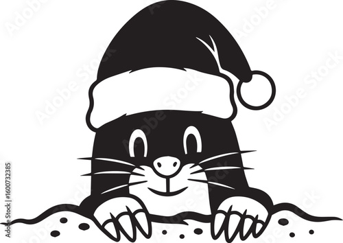Black cartoon mole wearing Santa hat peeking from ground animal white