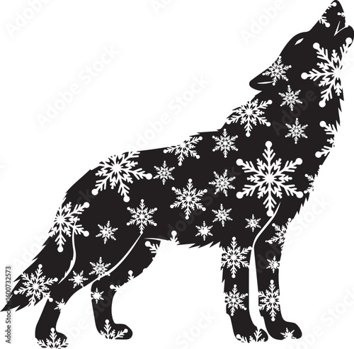 Black wolf silhouette with white snowflakes vector