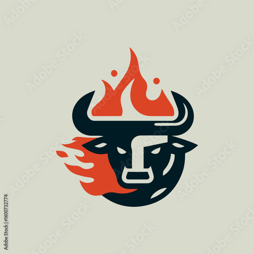 Fiery bull head logo with flames engulfing its horns and face symbolizing power and intensity