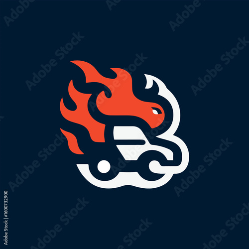 Dynamic letter b logo design with fiery flames and a stylized wrench for automotive or mechanic services
