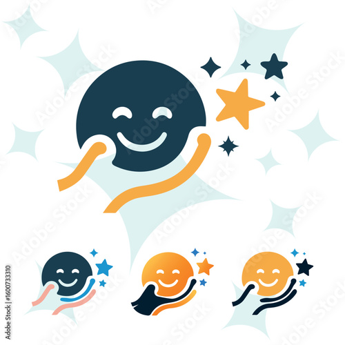 Happy face icon embraced by caring hands symbolizing positivity and support with stars
