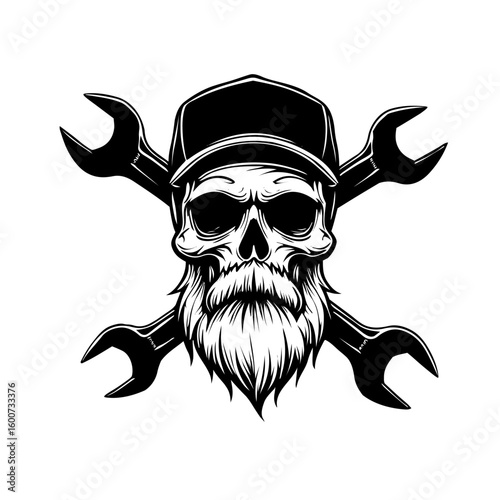 Black and white skull design with wrenches for mechanic and automotive themes