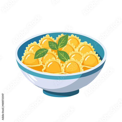 Delicious homemade ravioli served in a beautiful bowl, adorned with a fresh basil leaf