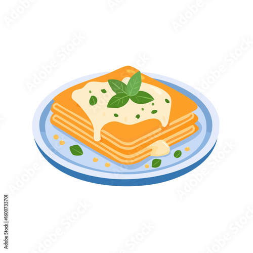 Delicious lasagna dish with creamy white sauce and fresh basil leaves on top