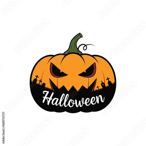 Spooky halloween pumpkin grinning with terrifying eyes and cemetery background design