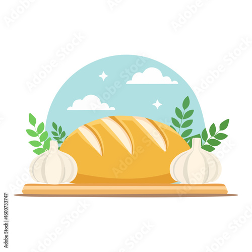 Fresh bread, garlic, and greenery, a culinary delight, inviting a comforting moment. The perfect image to show warm, inviting scenes, like a cooking class