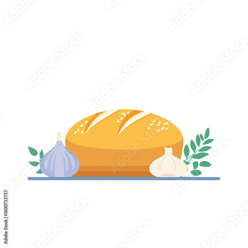 Freshly baked bread with garlic cloves and sprigs of herbs, a culinary delight