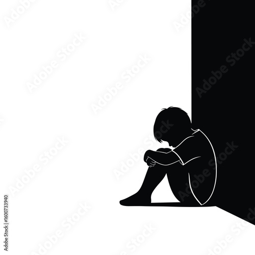 Isolated child in a corner bathed in light and shadow conveying loneliness and quiet contemplation