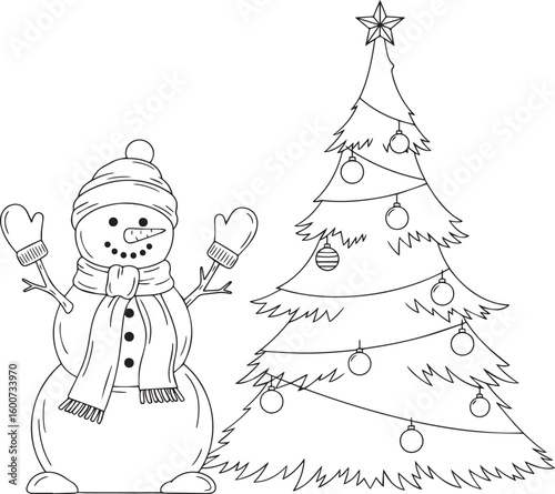 Snowman with scarf and mittens beside decorated Christmas tree ornaments