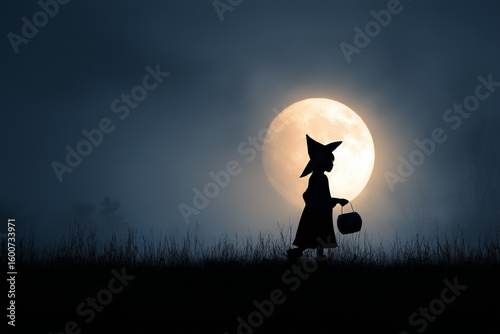 Silhouette of a child in a witch costume walking under a full moon with a candy bucket, dreamy cinematic atmosphere.