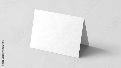 A blank white card standing on a white surface with a subtle shadow in a minimalist style setting