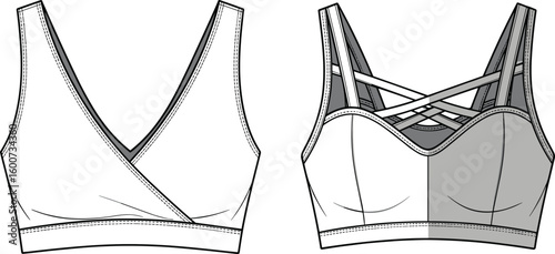 Women’s crossover sports bra with strappy back, cad drawing, flat vector fashion illustration, front and back technical clothing sketch