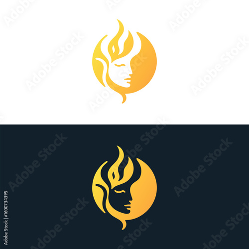 Abstract torch flame logo design with a circular golden background on a white and dark background