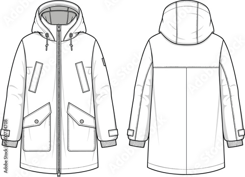 Winter parka technical cad drawing, flat vector illustration, fashion coat front and back view, design template with hood and pockets