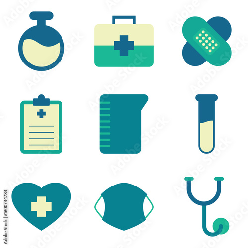 Flat Medical Icon Set  First Aid, Heart, Stethoscope, Mask, Tools