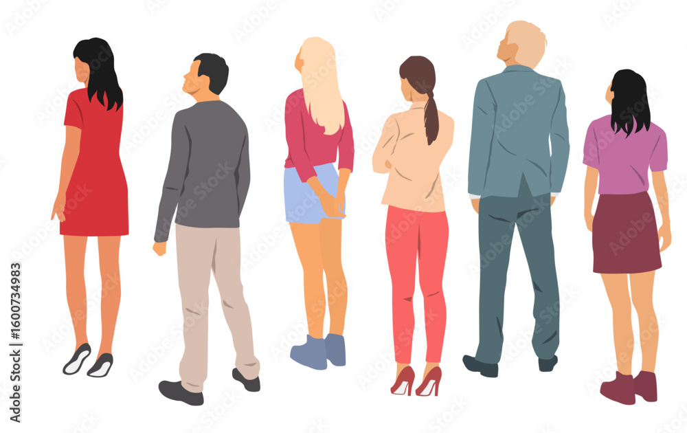 Obraz premium Set of two men and four women, looking up, back view, profile, different colors, cartoon character, group of silhouettes of standing business people, design concept of flat icon, isolated on white