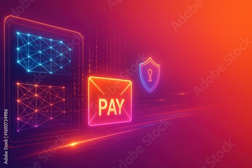 Digital Payment Cybersecurity Neon Illustration Envelope Pay Icon Shield Design for Online Transaction Safety Bright Gradient Colors