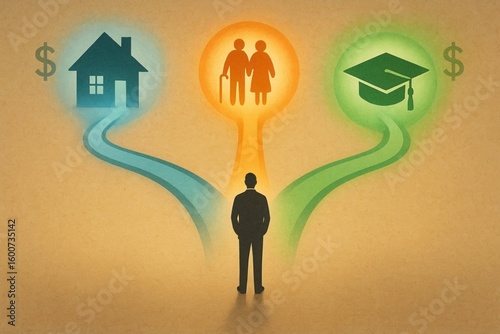 Financial Decision Making Concept with Man Facing Choices for Home Retirement Education Illustrated in Simplistic Style Using Warm Soft Tones Perfect for Investment or Planning Themes