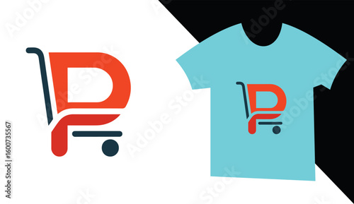 Modern abstract logo design featuring a shopping cart integrated into the letter p displayed on a t shirt mockup