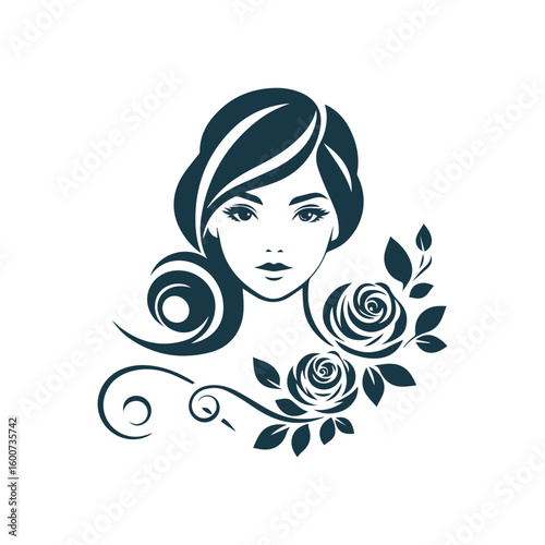Elegant silhouette of a woman s face adorned with delicate roses and flourishes on a white background