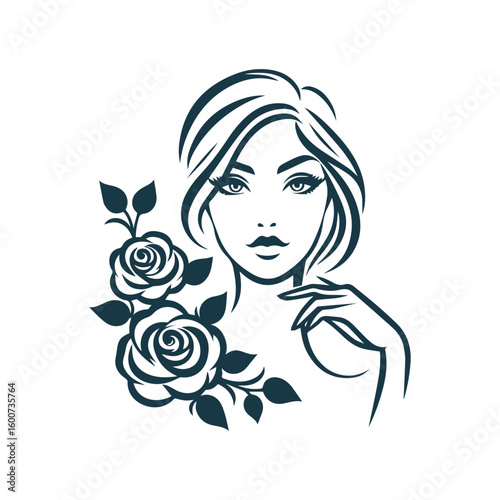 Elegant woman s portrait with stylized roses and flowing hair in black and white line art