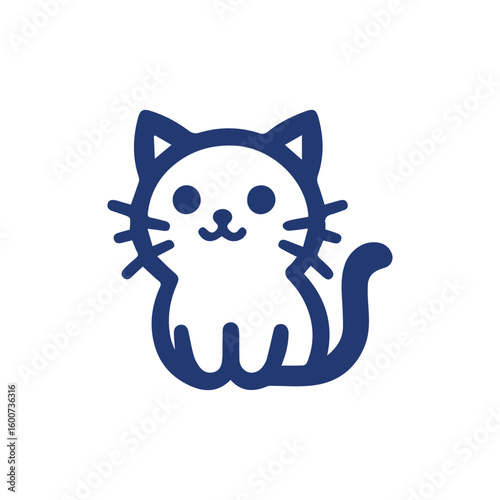 Cute simple cartoon drawing of a white cat with blue outlines sitting and looking forward