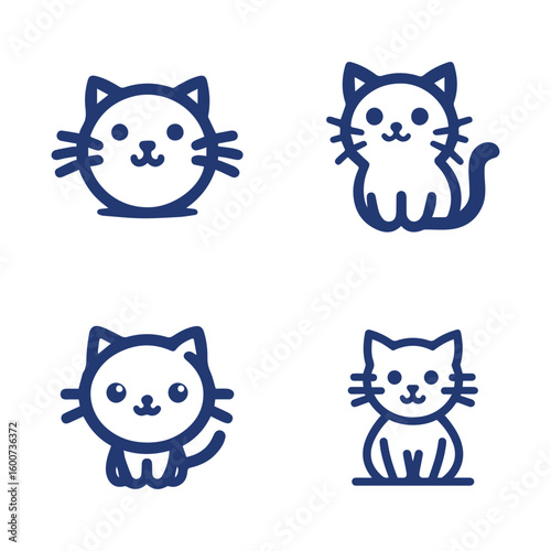 Four adorable hand drawn cartoon style blue outline kittens in different cute poses and expressions
