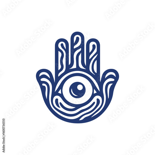 Intricate blue hamsa hand with an all seeing eye symbol in the palm on a white background