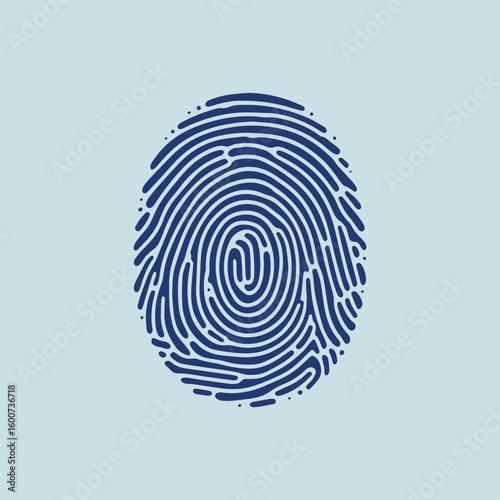 Close up of a detailed blue fingerprint pattern on a light gray background representing identity and security