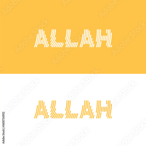 The arabic word allah written in a stylized font with wavy lines on a split yellow and white background