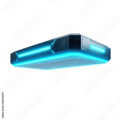 Futuristic Hoverboard with Blue Glowing Lights in Dark Environment