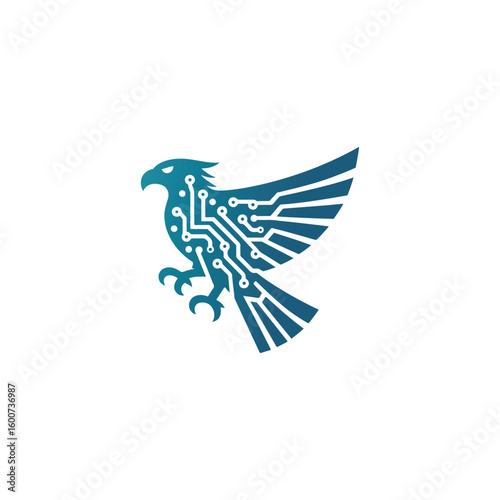 Futuristic digital eagle emblem with circuit board pattern symbolizing technology and innovation