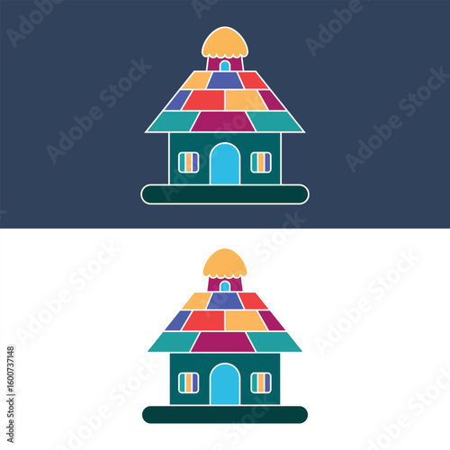 Colorful abstract geometric building with a dome and arched doorway on dark and white backgrounds