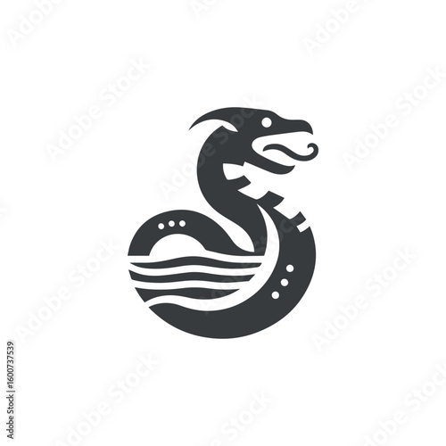 Stylized silhouette of a mythical dragon coiled around a crescent moon and wavy water element