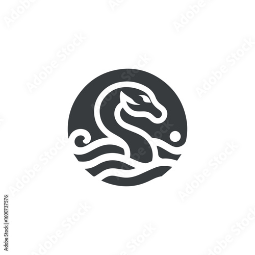 Stylized mythical sea serpent or dragon head emerging from wavy water in a circular emblem design