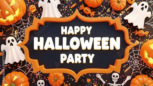 Happy Halloween Party Banner with Pumpkins, Ghosts, and Confetti