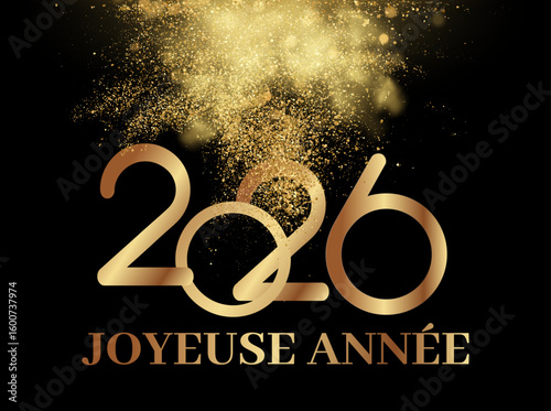Carte ou bandeau pour souhaiter une joyeuse année 2026 en or sur un fond noir avec des paillettes de couleur or