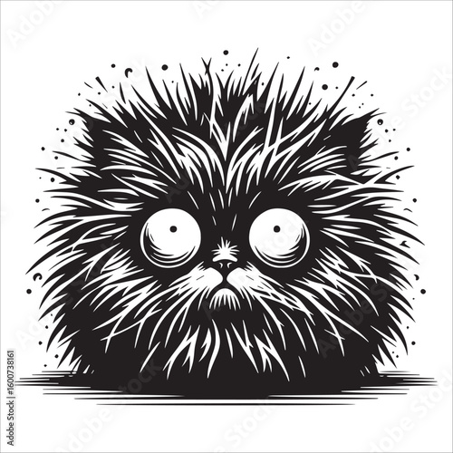 Fluffy Black Cartoon Cat with Wide Eyes